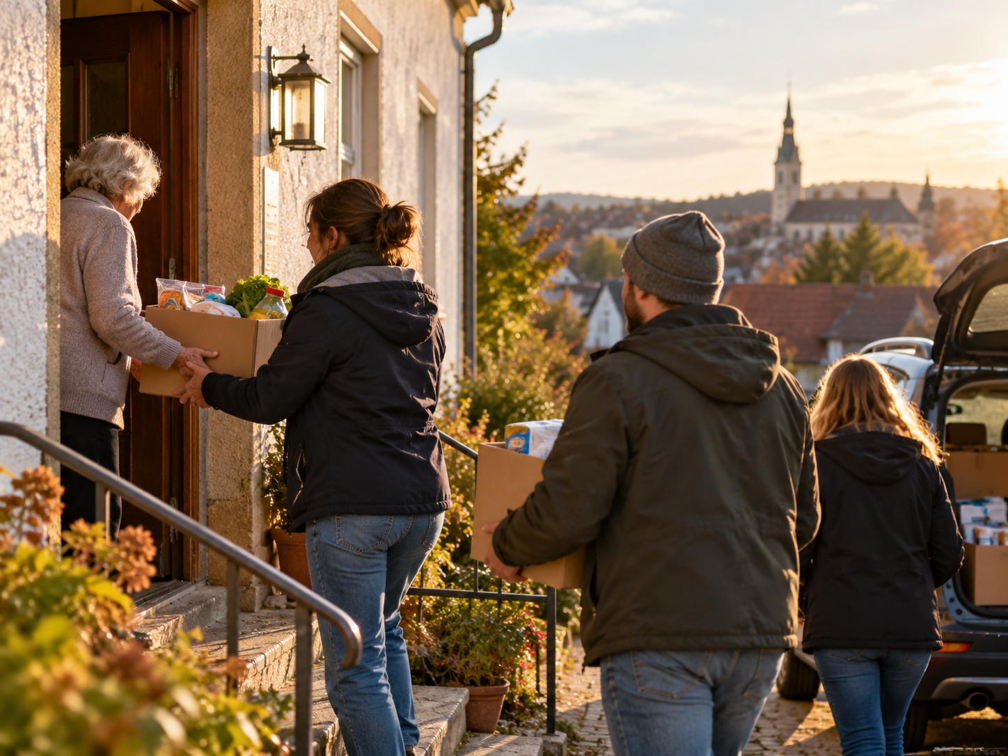 Menschen bringen einer älteren Frau Hilfe an die Haustür