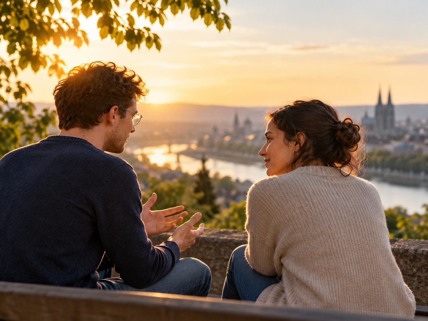 Zwei junge Erwachsene im Gespräch bei Abendlicht