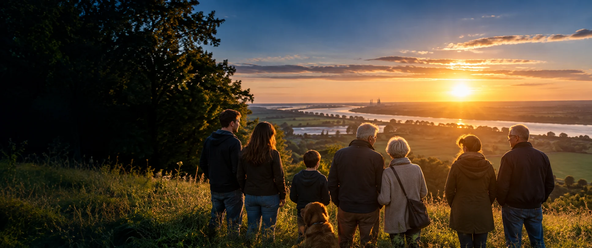 Mehrere Generationen blicken gemeinsam über eine friedliche Flusslandschaft bei Sonnenuntergang, symbolische Illustration