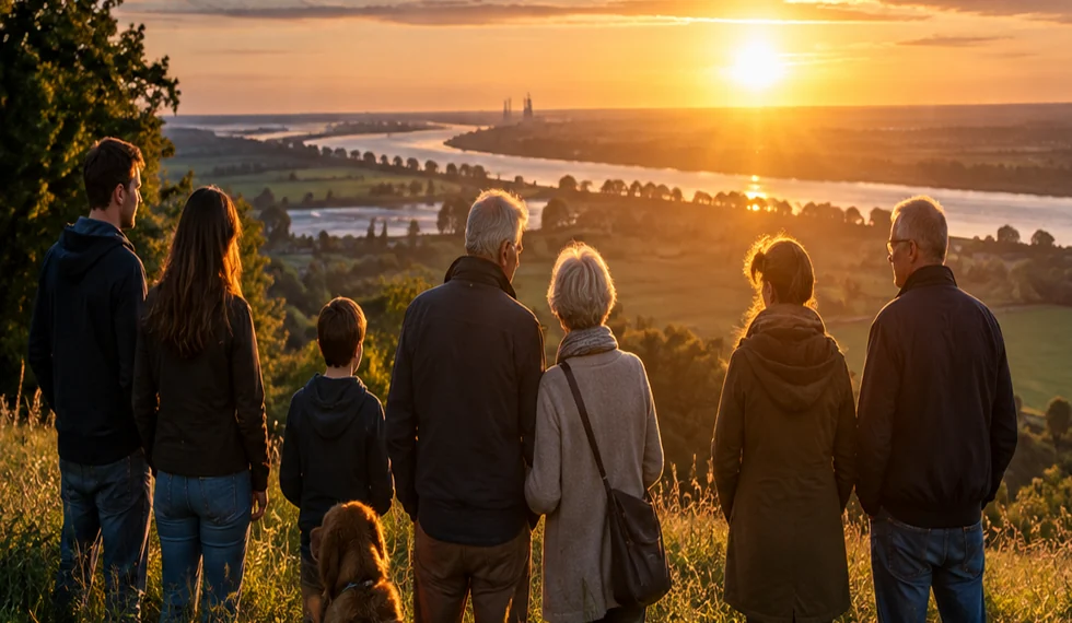 Mehrere Generationen stehen gemeinsam in einer Landschaft, symbolische Illustration